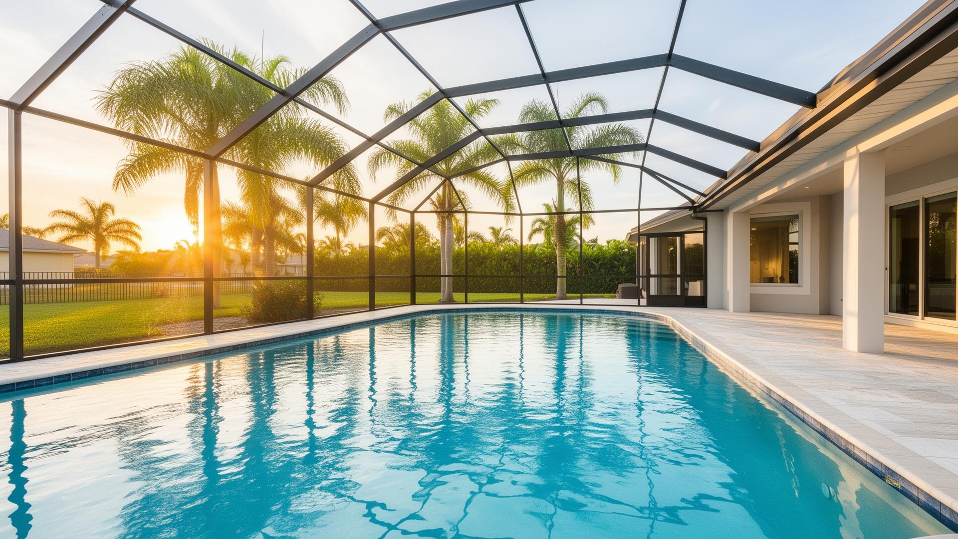 Screened-in saltwater pool in a Cape Coral, FL backyard at golden hour